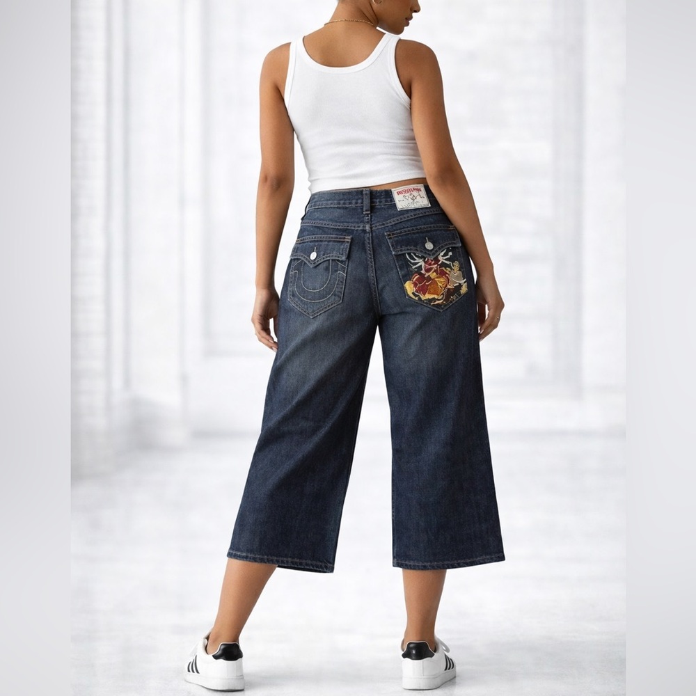 True Religion Vintage Embroidered Buddha‎ Jeans Sz 36x28 Cropped Wide Leg Rare